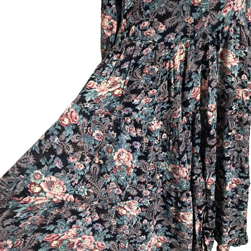 Vintage Nostalgia Floral Tiered Boho Maxi Midi Dress M Black Multicolor Gauzy 10 - Picture 12 of 16